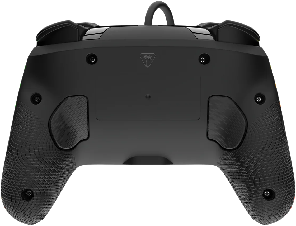Schwarzer Gamecontroller, von hinten betrachtet. Texturierte Griffe, Tasten und ein Palmenlogo sind sichtbar.