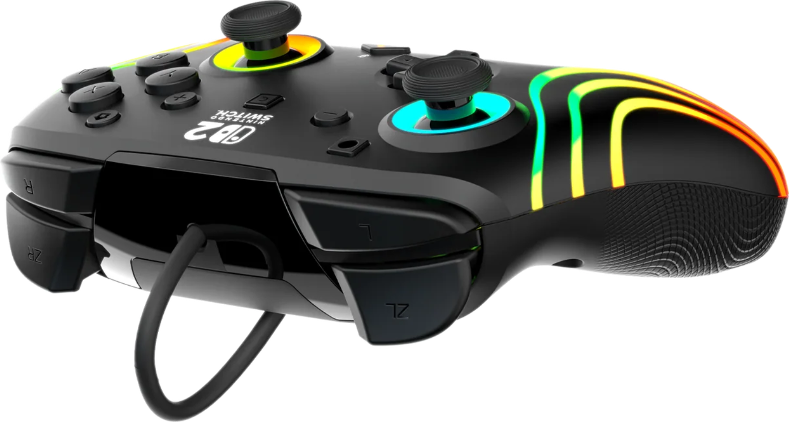 Schwarzer Nintendo Switch Controller mit bunten Lichtern. Es hat Knöpfe, Joysticks und ein Kabel. Das Design ist elegant und modern.