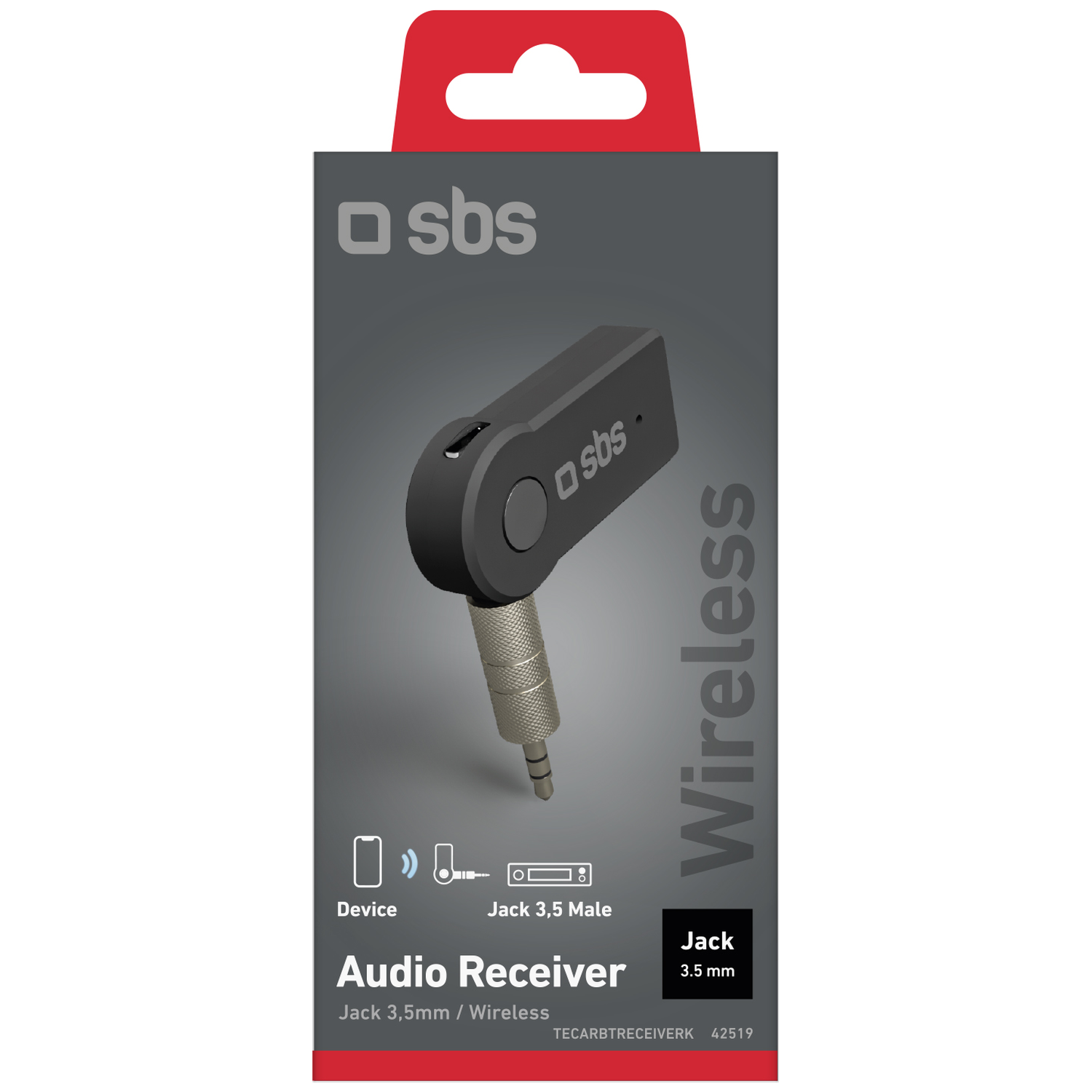 A black SBS audio receiver with a silver jack is displayed in its packaging. The package has the brand logo and text about the product.