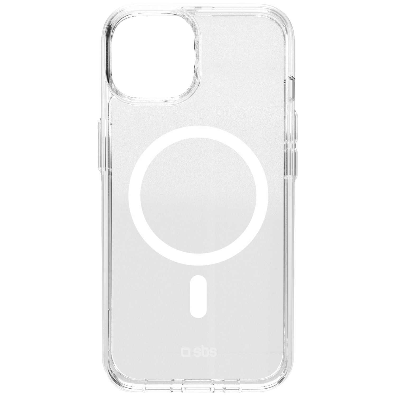 Een doorzichtige telefoonhoes met een wit cirkelvormig ontwerp en een langwerpig ovaal eronder. Het merklogo 'sbs' staat onderaan.