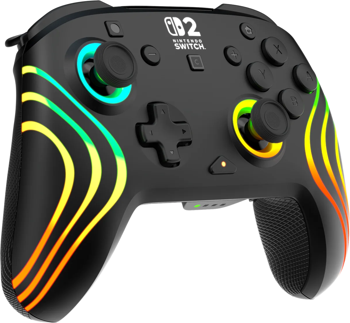 Schwarzer Nintendo Switch Controller mit bunten Lichtspuren. Mit Knöpfen, Joysticks und dem Nintendo Switch Logo.