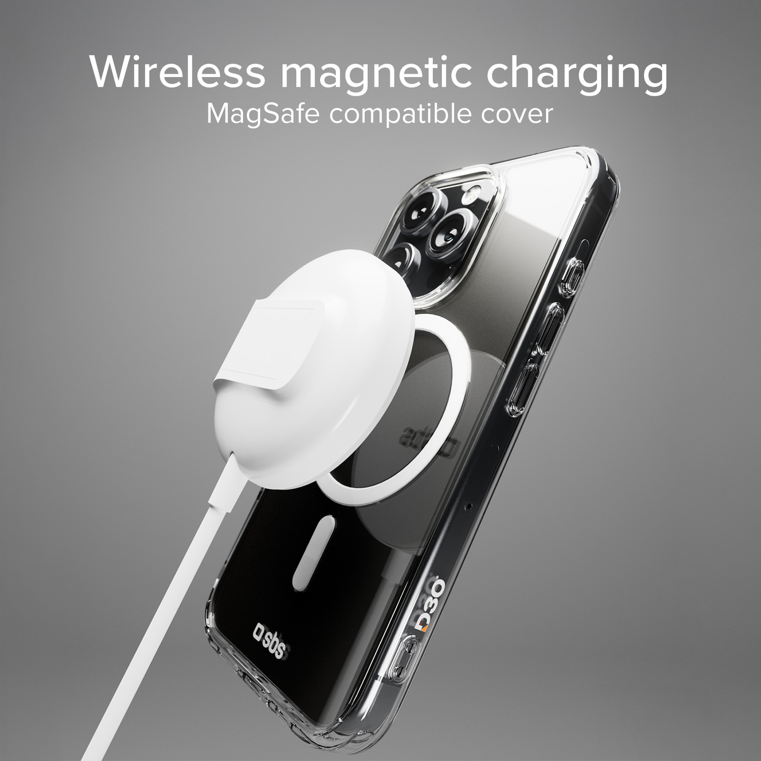 Een smartphone in een transparante hoes is aangesloten op een witte magnetische oplader, die draadloos opladen laat zien. Tekst: Draadloos magnetisch opladen.