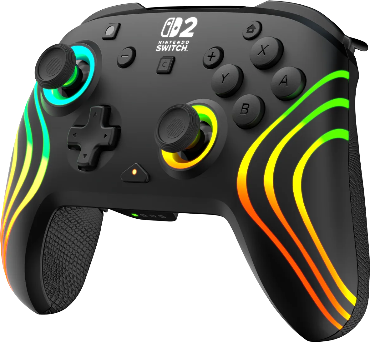 Schwarzer Nintendo Switch-Controller mit leuchtenden Regenbogenakzenten. Verfügt über Tasten, Joysticks und ein Steuerkreuz. Der Hintergrund ist schwarz.
