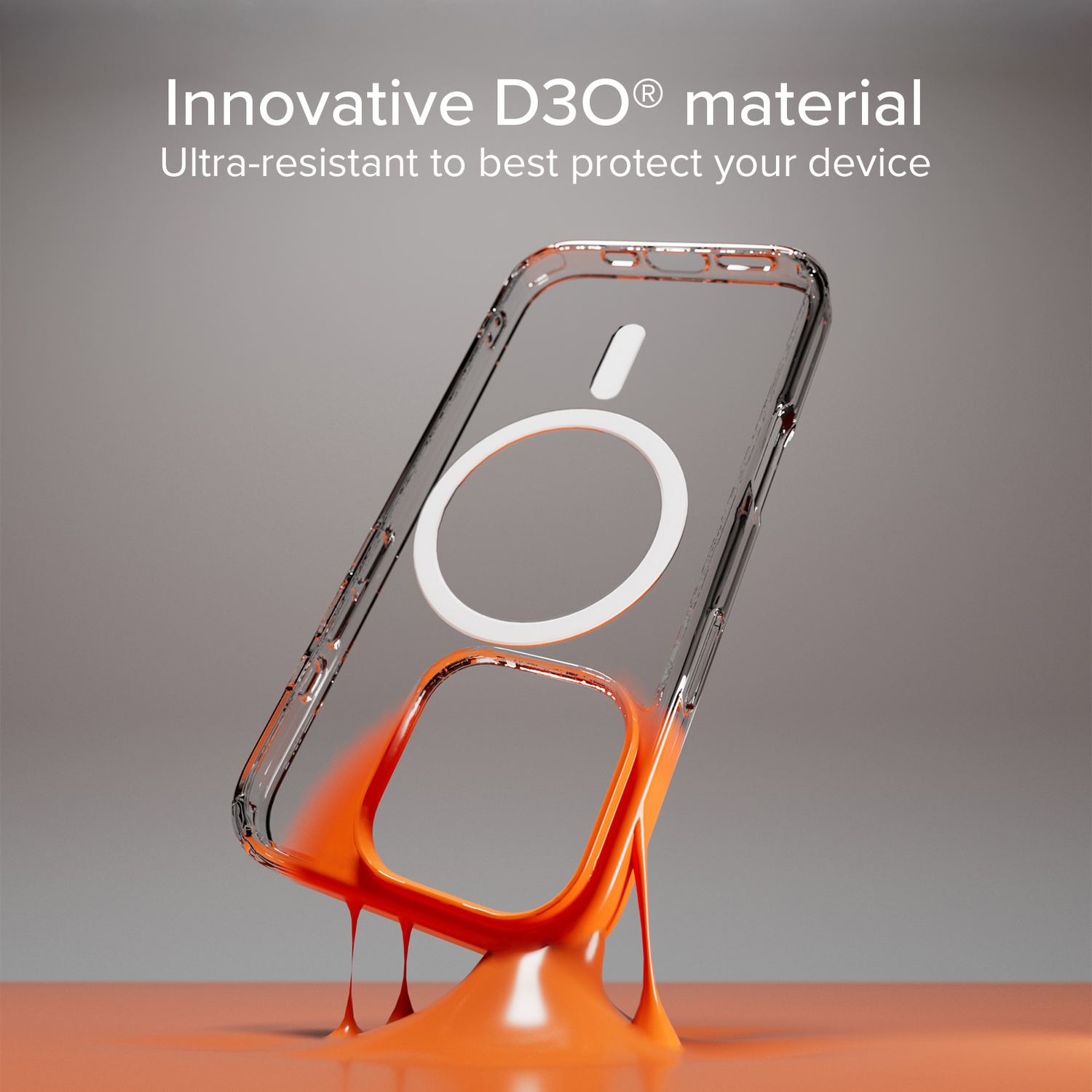 Transparante telefoonhoes met witte ring, oranje accenten, op oranje oppervlak. Tekst: Innovatief D3O-materiaal.