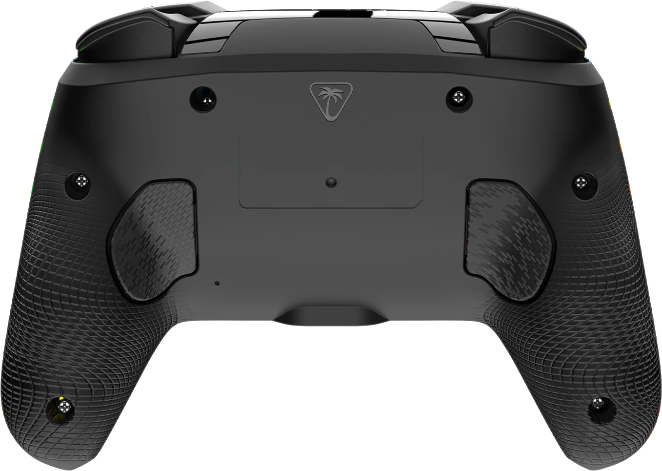 Schwarzer Game-Controller, Rückansicht. Merkmale sind strukturierte Griffe, Handballenauflage, Knöpfe und ein Palmenlogo.