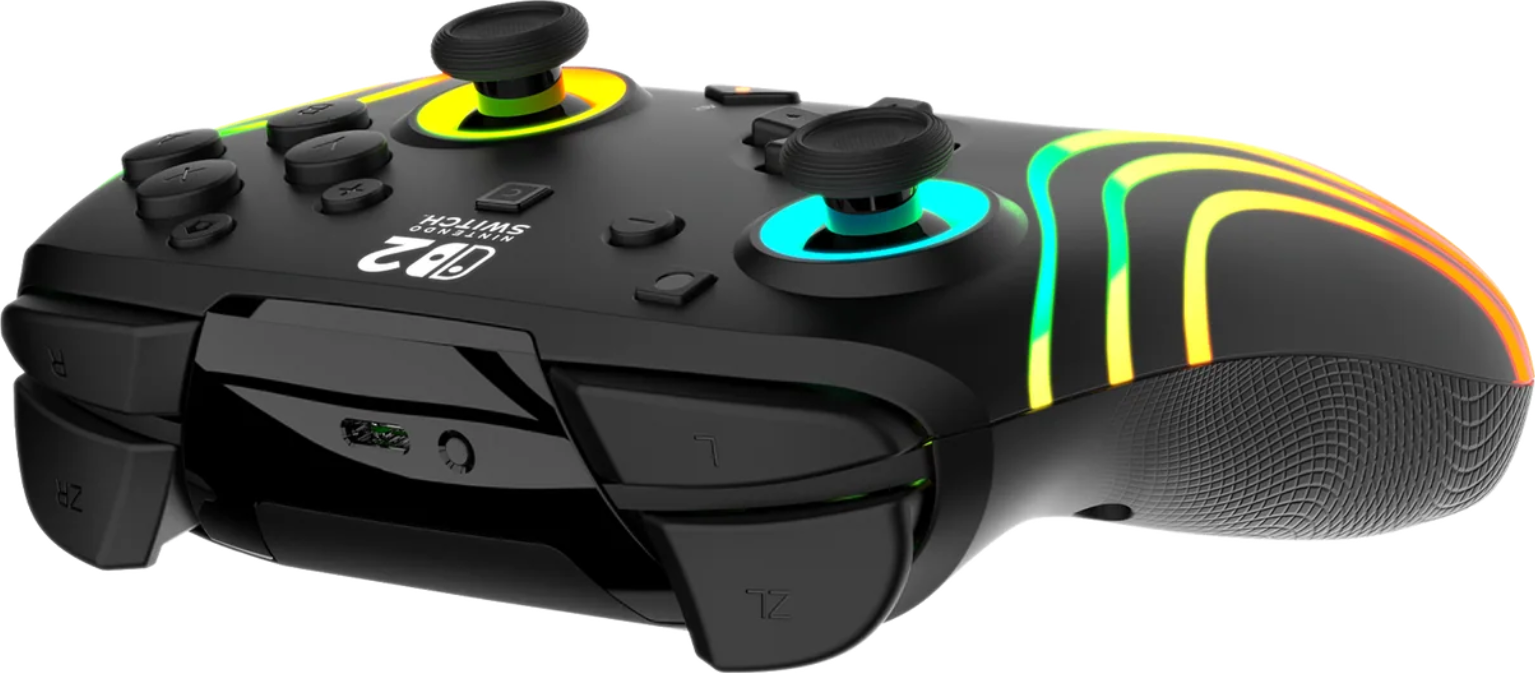 Schwarzer Nintendo Switch-Controller mit bunten Lichtstreifen, Knöpfen, Joysticks und strukturiertem Griff. "Switch" ist sichtbar.