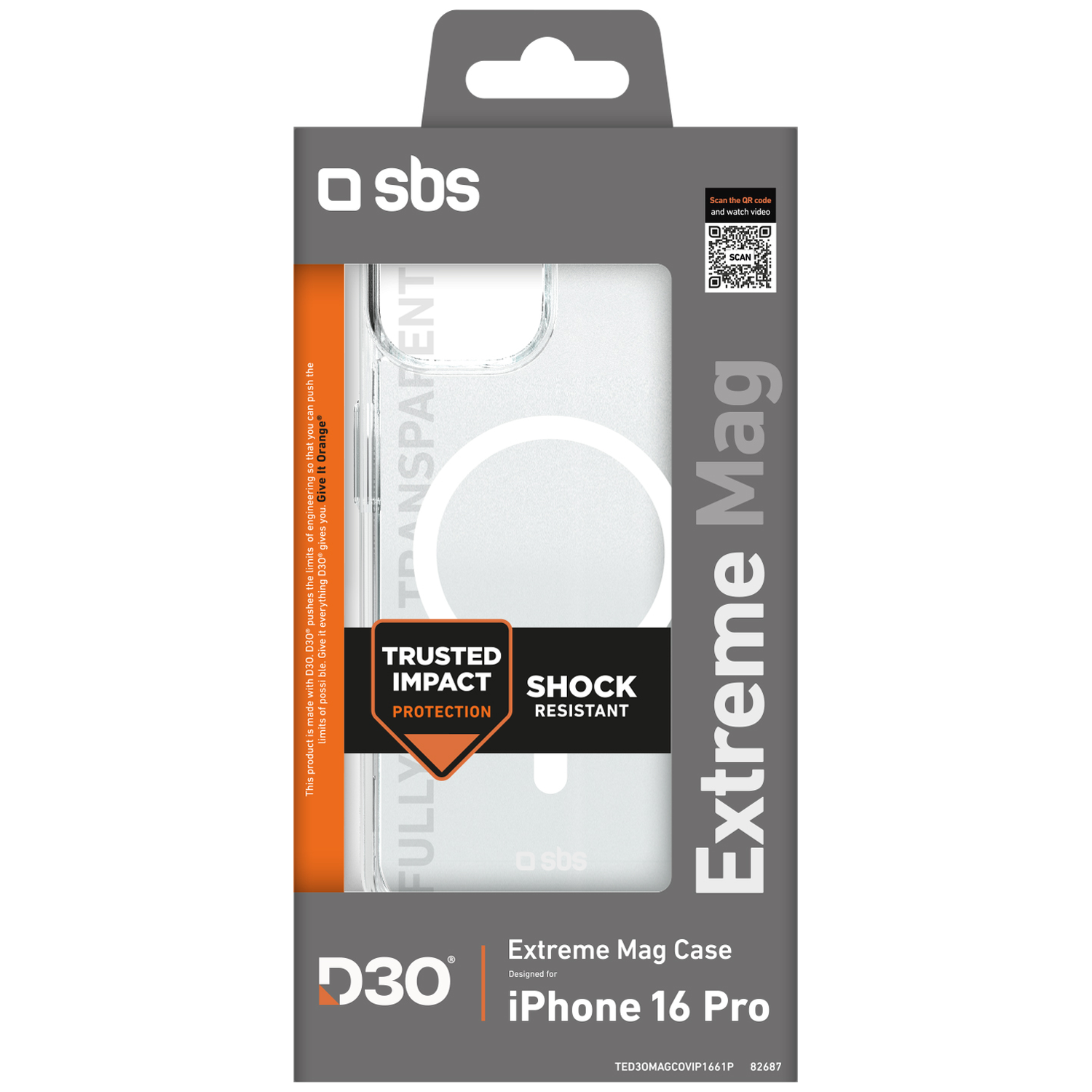 Een telefoonhoesjesdoos met een doorzichtige hoes erin, met het label 'Extreme Mag Case' voor iPhone 16 Pro, met 'D30' en 'sbs' logo's.