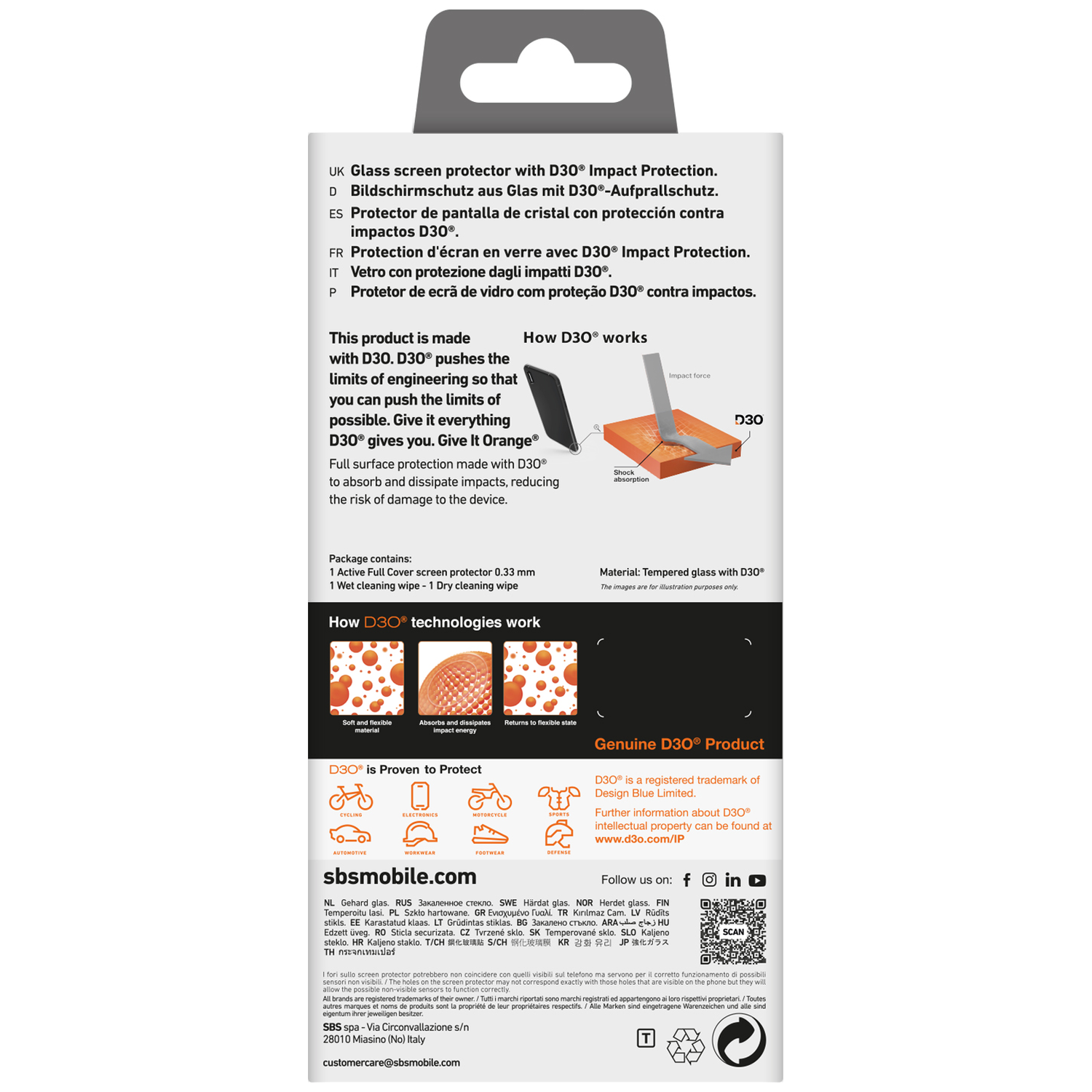 Witte productverpakking met tekst en een visual van impactabsorptietechnologie.