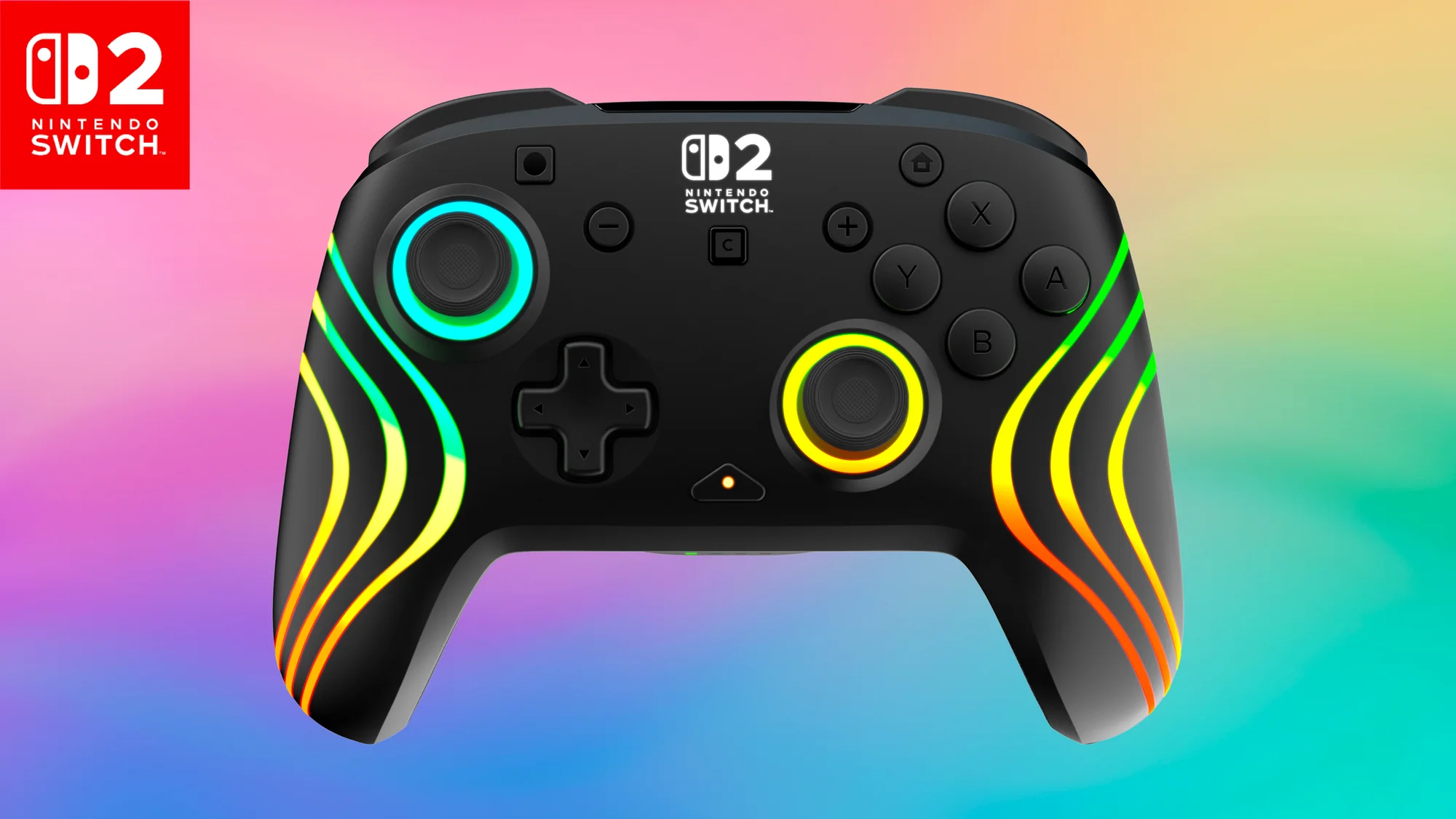 Schwarzer Nintendo Switch-Controller mit bunten Lichtern und Knöpfen. Nintendo-Logo links oben. Hintergrund ist ein Farbverlauf.