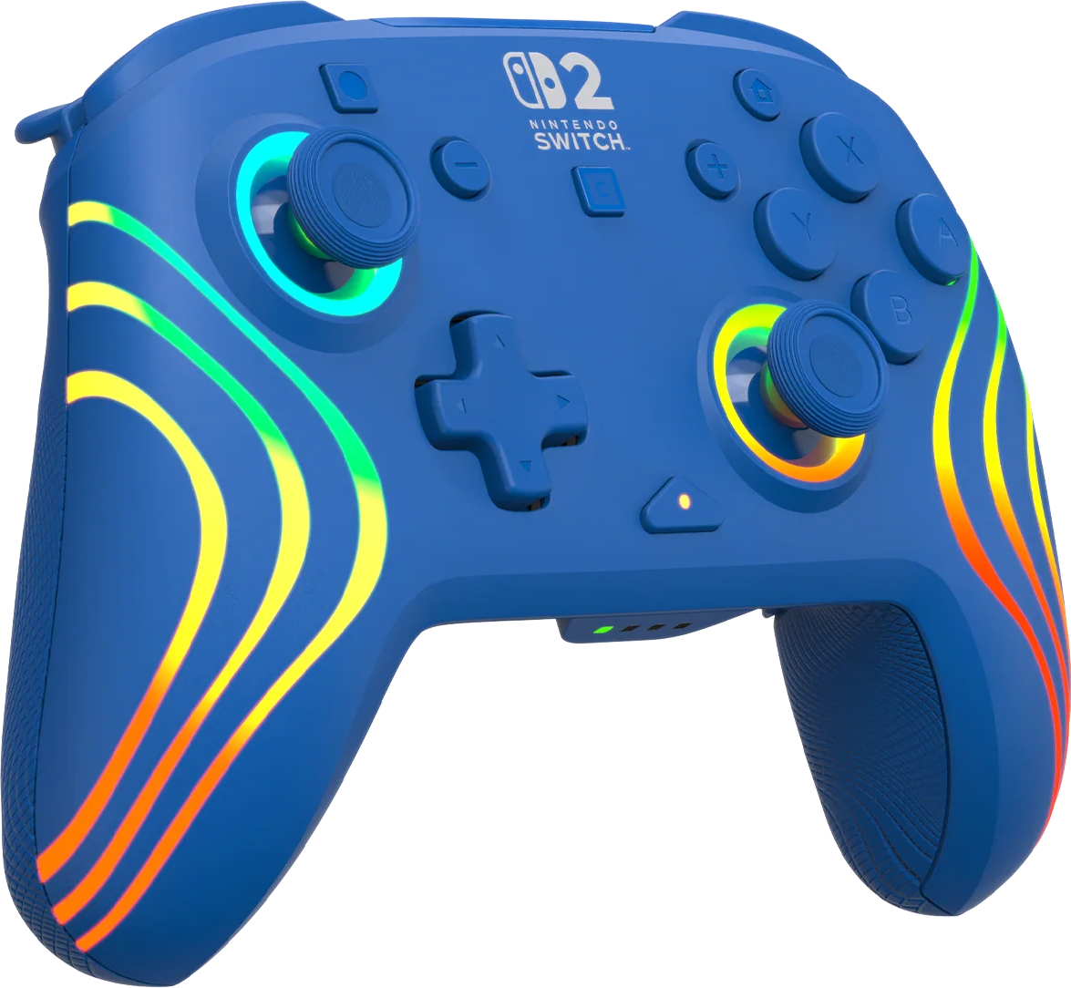 Controller Nintendo Switch blu con accenti arcobaleno luminosi. Include pulsanti, joystick e il logo Nintendo Switch.