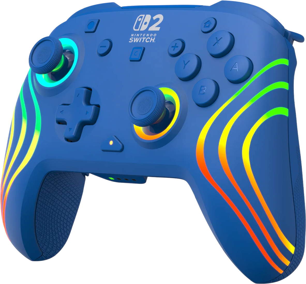 Controller Pro Nintendo Switch blu. Ha strisce luminose colorate. I pulsanti includono più, meno, A, B, X, Y e il D-pad.