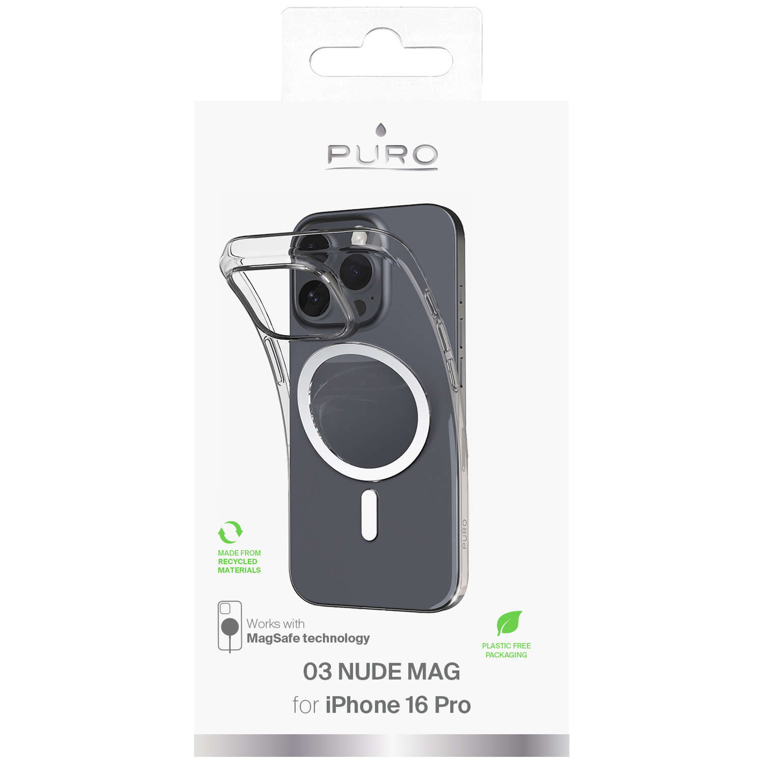 A phone case for iPhone 16 Pro is displayed. It is transparent with a white circular MagSafe feature. The packaging says 'PURO'.