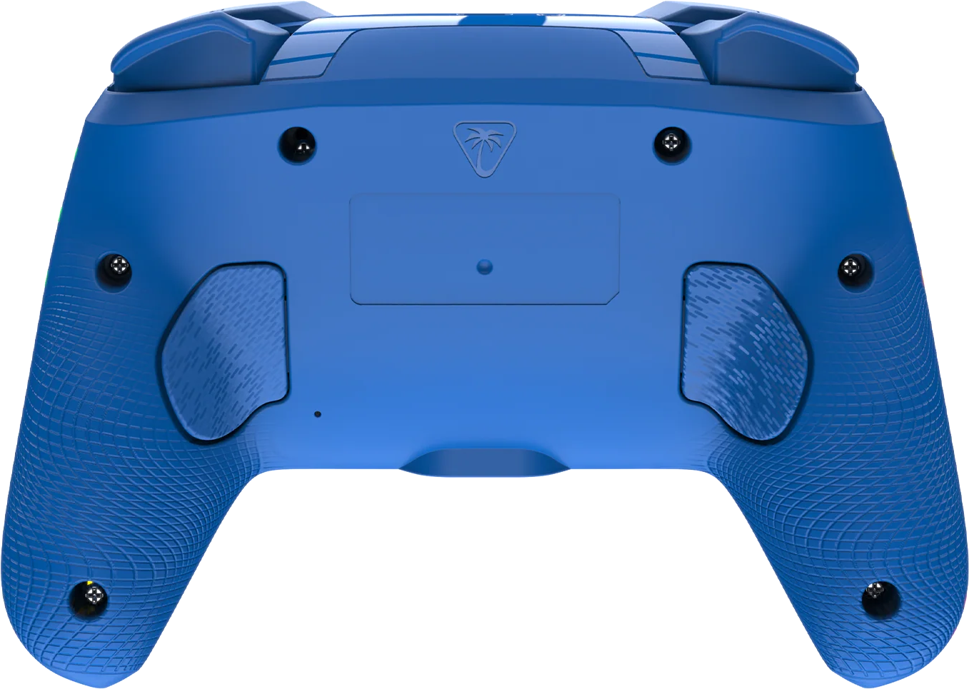 Controller di gioco blu con impugnature strutturate, pulsanti e logo a forma di palma. Il retro mostra viti e vano batteria.