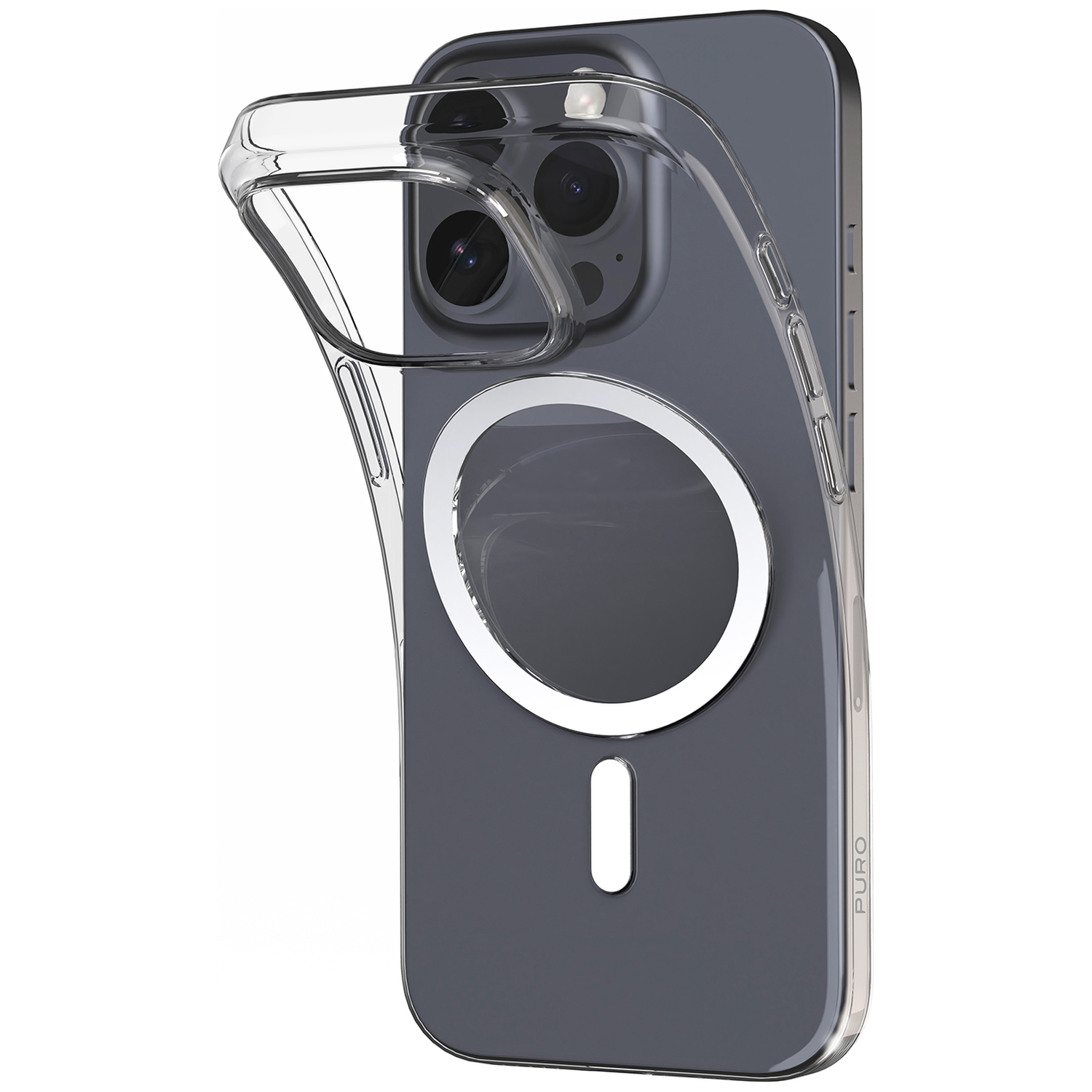 A clear phone case is over a gray iPhone. The case has a magnetic circle and a white opening at the bottom.