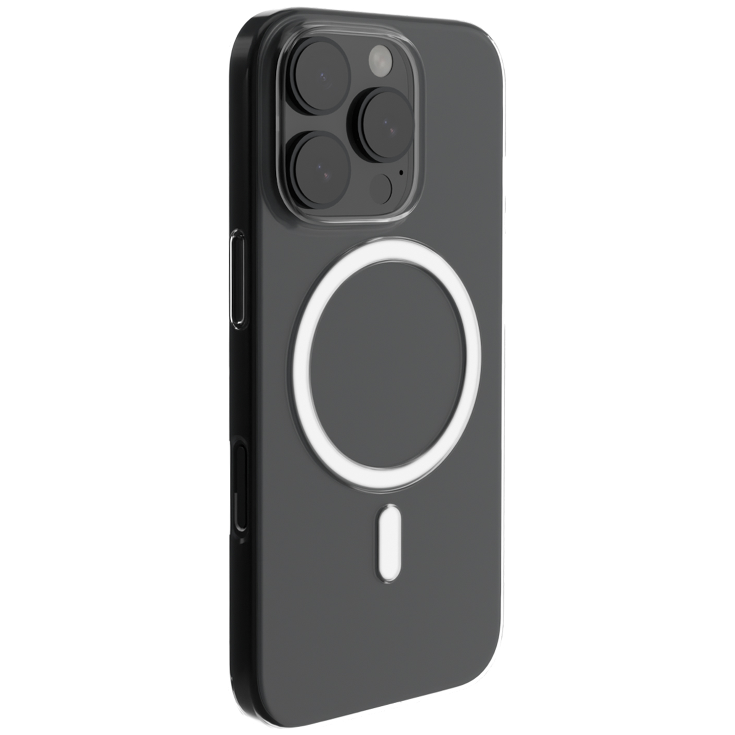 A clear, dark gray phone case with a camera bump and a white circular magnetic charging ring.