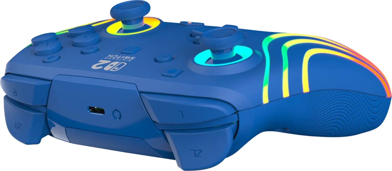 Controller Nintendo Switch blu con strisce di luce colorate. Dispone di pulsanti, joystick e una porta. Il testo "Nintendo Switch" è visibile.