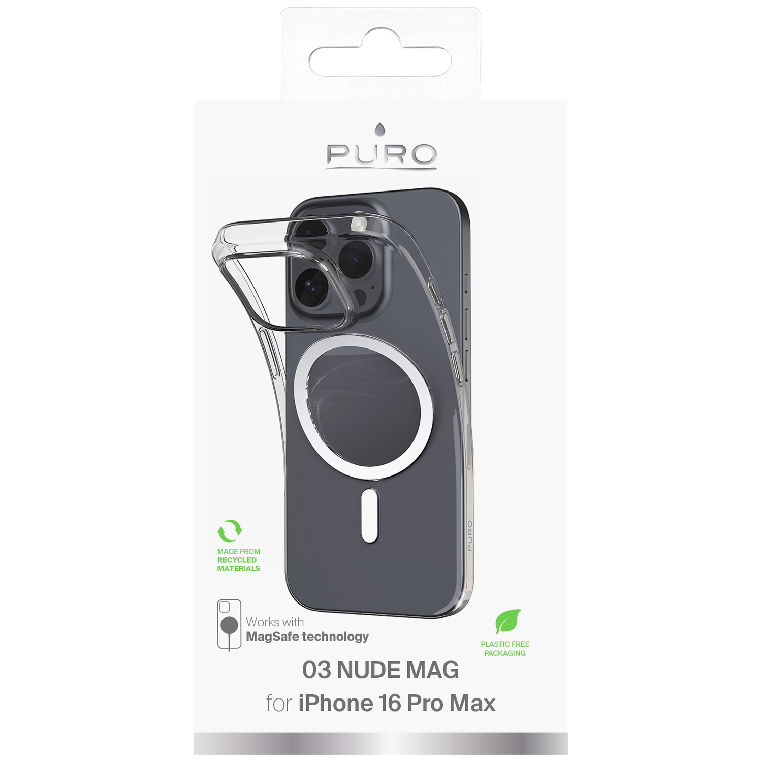 A phone case for iPhone 16 Pro Max, clear with a magnetic circle. Packaging includes text: Made from recycled materials.