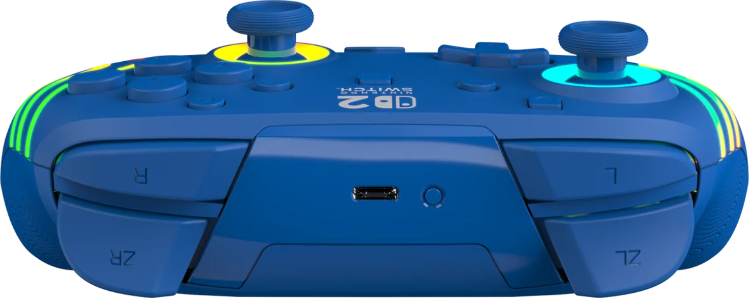 Controller Nintendo Switch blu. Include pulsanti, joystick e porta USB. Accenti di luce al neon sui lati e intorno ai joystick.