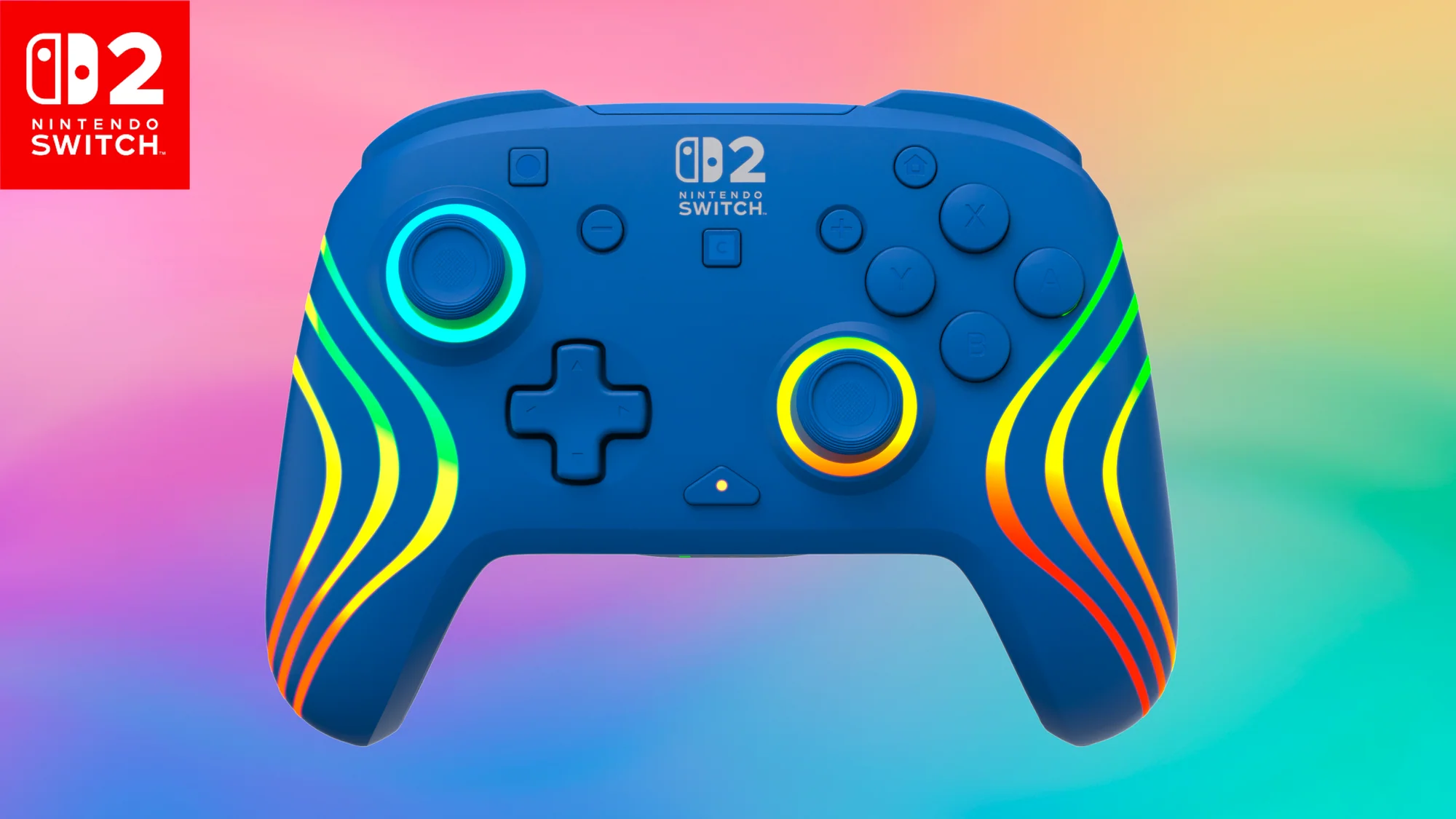 Controller Nintendo Switch blu con design a onde colorate, pulsanti e logo su sfondo sfumato arcobaleno.