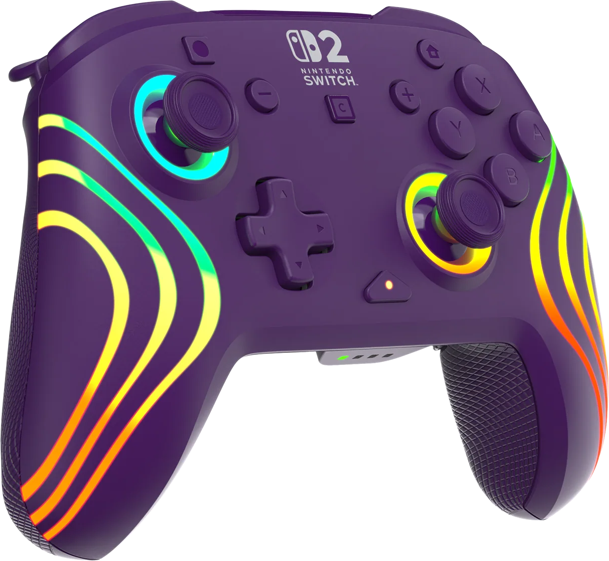 Ein lila Nintendo Switch Controller mit leuchtenden Regenbogenstreifen. Er hat Knöpfe und Joysticks. Das Nintendo Switch Logo ist sichtbar.