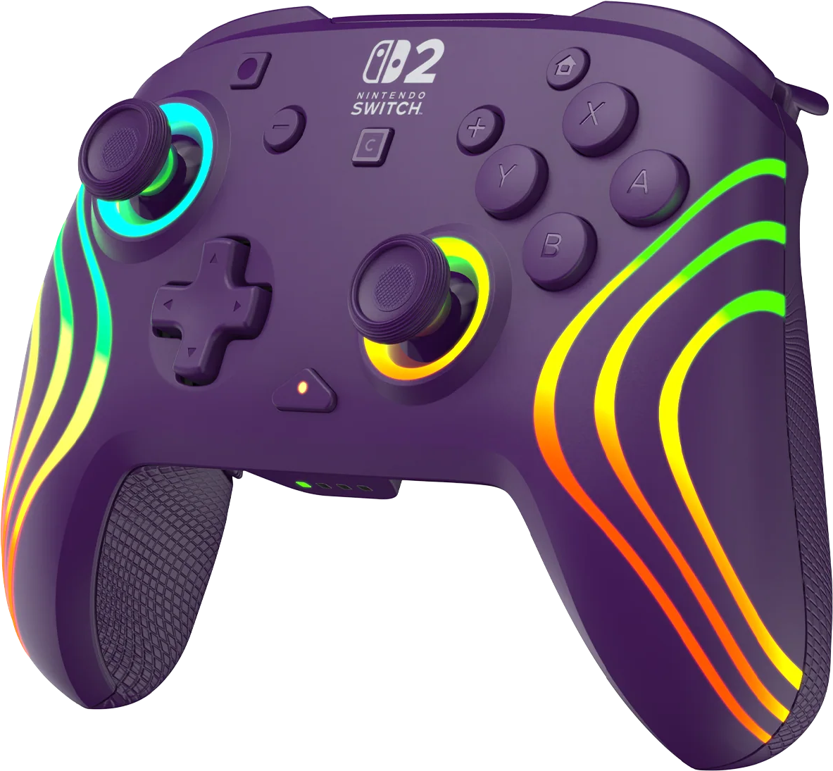 Lila Nintendo Switch-Controller mit leuchtenden Neonstreifen. Mit Knöpfen, Joysticks und dem Nintendo Switch-Logo.