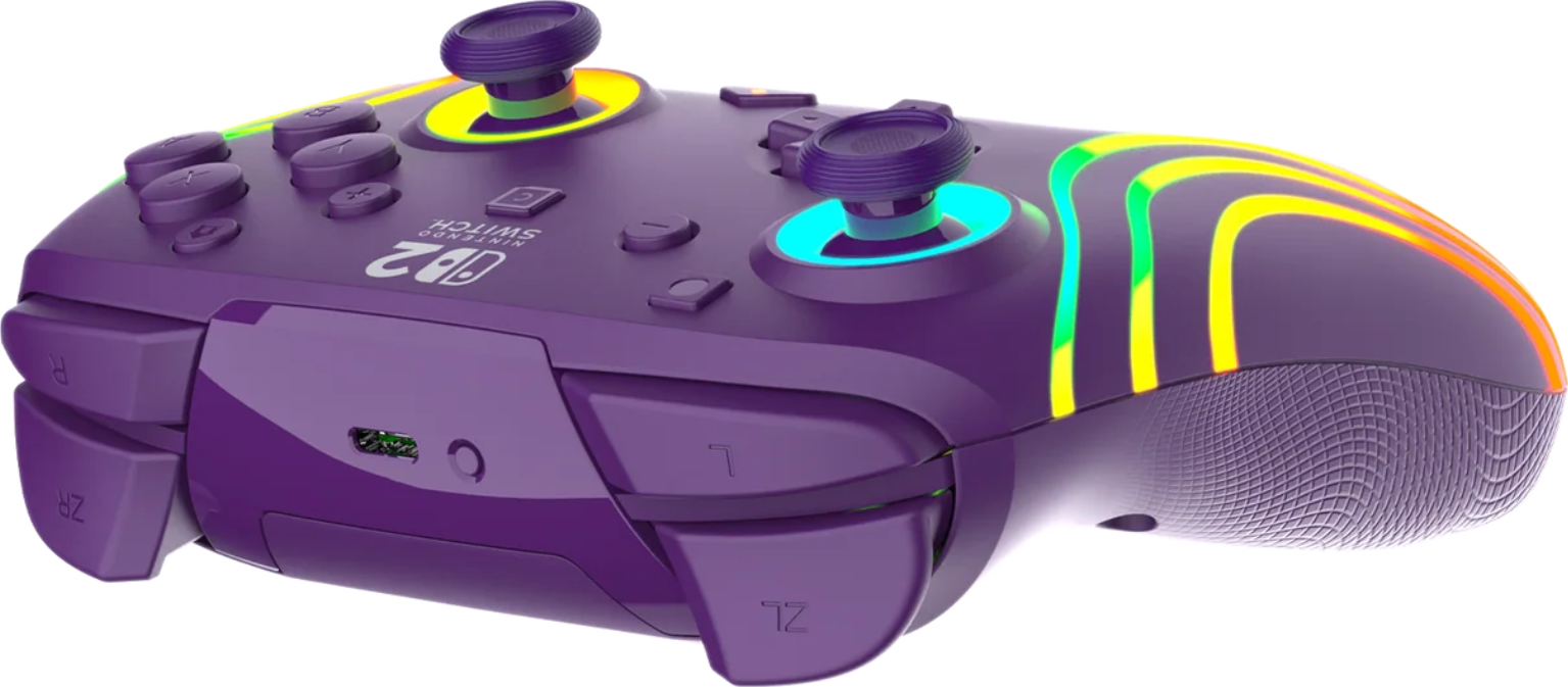 Lila Nintendo Switch-Controller mit leuchtenden Akzenten. Knöpfe und Joysticks sind sichtbar. Das Design ist elegant und modern.