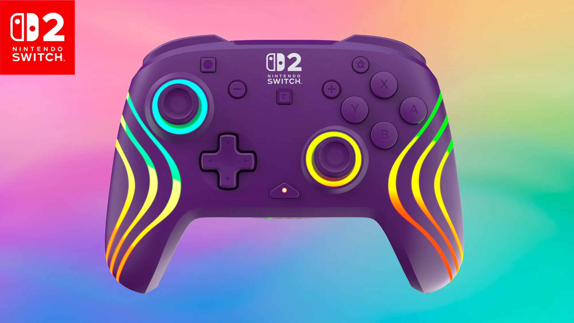 Lila Nintendo Switch-Controller mit leuchtenden Akzenten und Knöpfen. Bunter Hintergrund, Nintendo Switch Logo in der Ecke.