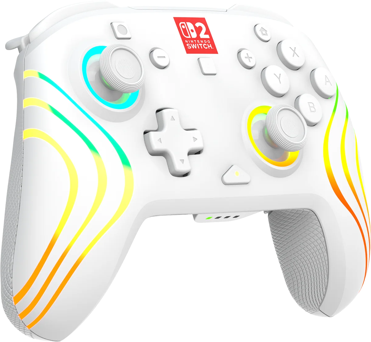 Manette blanche Nintendo Switch. Comprend des boutons, des joysticks et une croix directionnelle. Lignes colorées et le logo Nintendo Switch.