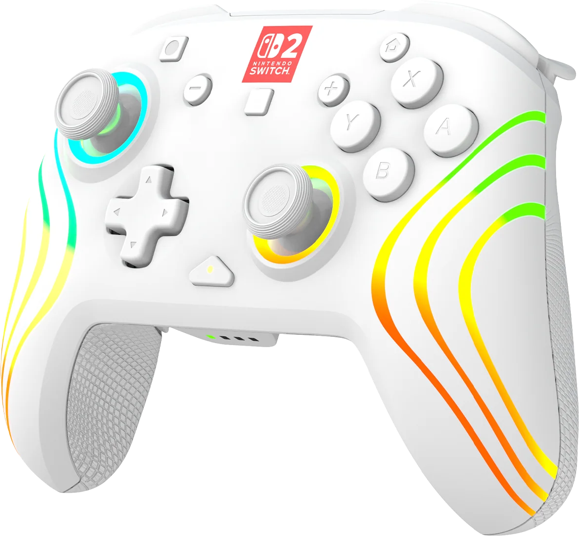 Une manette Nintendo Switch blanche avec des accents colorés. Elle possède des boutons, des joysticks et un logo Nintendo Switch.