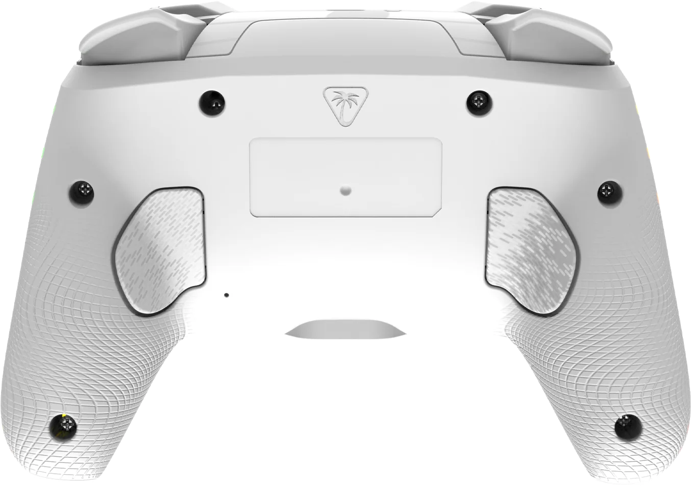 Dos d'une manette de jeu blanche. Il comporte des boutons, des poignées et un logo de palmier.