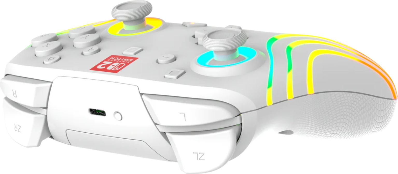 Manette blanche Nintendo Switch avec des accents colorés. Boutons, joysticks et logo Nintendo Switch.