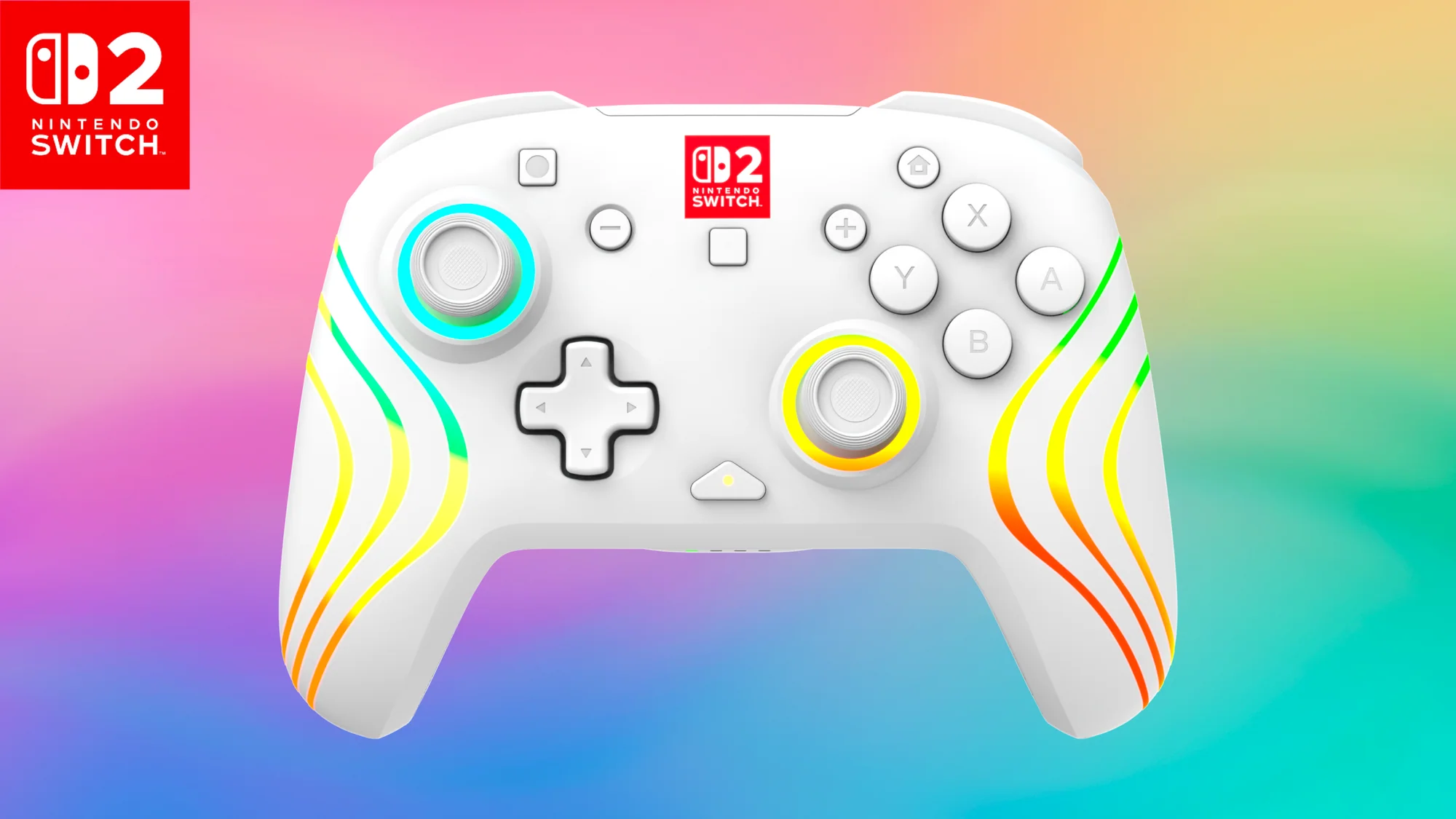 Manette blanche Nintendo Switch avec accents arc-en-ciel. Comprend des boutons et des joysticks. Logo Nintendo Switch en haut à gauche.