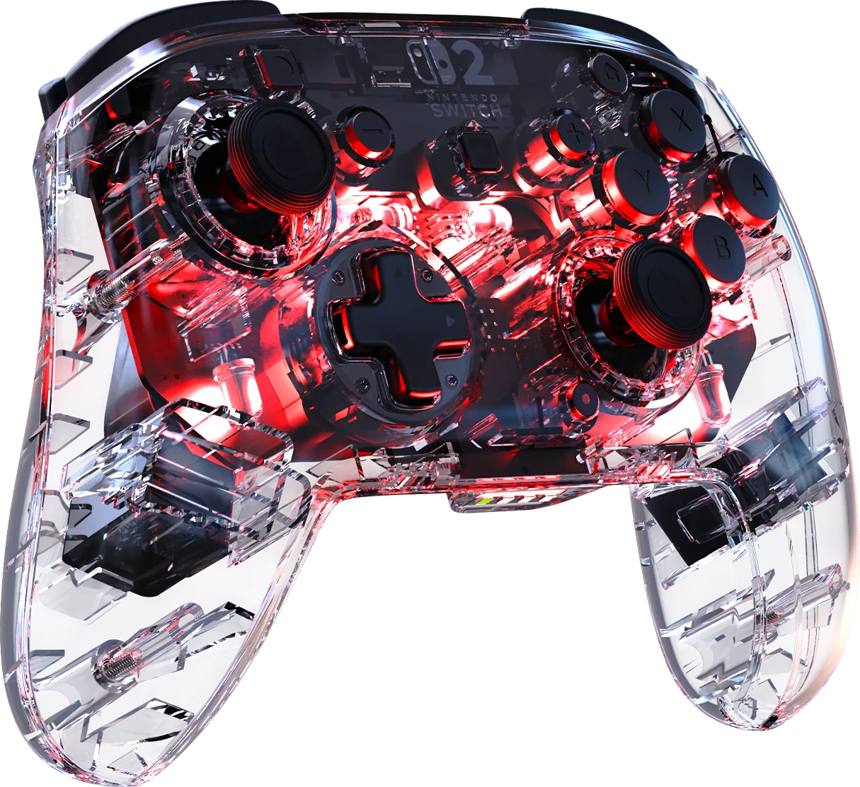 Ein transparenter Nintendo Switch-Controller mit sichtbaren roten Innenkomponenten und schwarzen Knöpfen. Der Hintergrund ist schwarz.