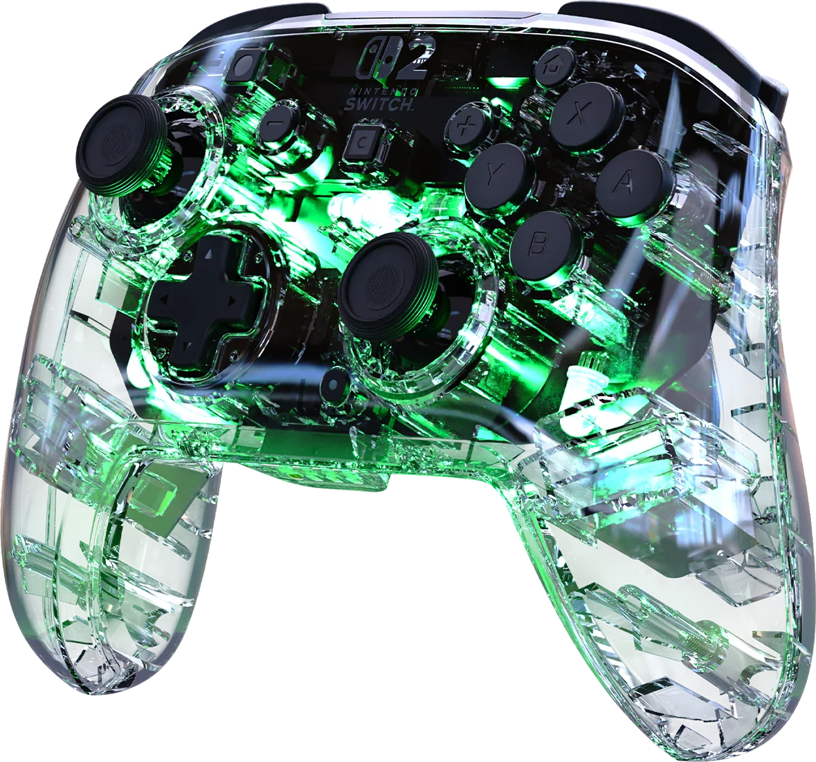 Ein durchsichtiger Nintendo Switch-Controller mit grünen Innenlichtern. Tasten, Joysticks und das Nintendo Switch-Logo sind sichtbar.