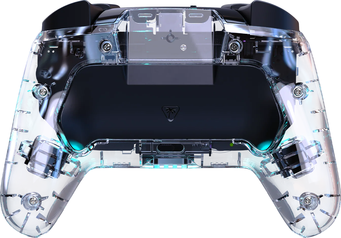 Ein transparenter Gaming-Controller. Er hat eine transparente Kunststoffschale, schwarze Knöpfe und Griffe sowie eine schwarze Rückseite.