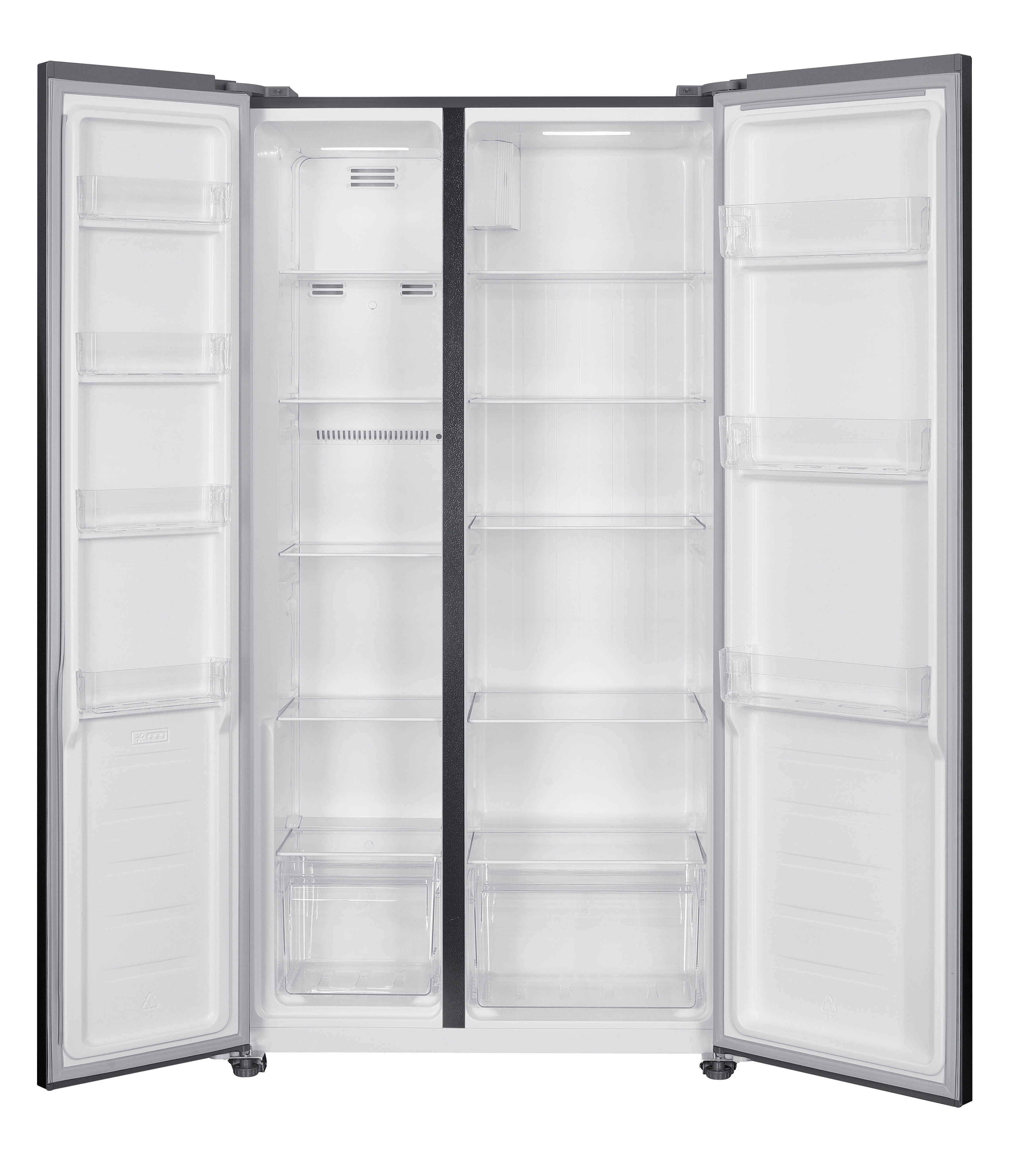 Offener Doppeltür-Kühlschrank. Innenraum weiß mit transparenten Regalen und Fächern. Türen sind schwarz. Der Kühlschrank ist leer.