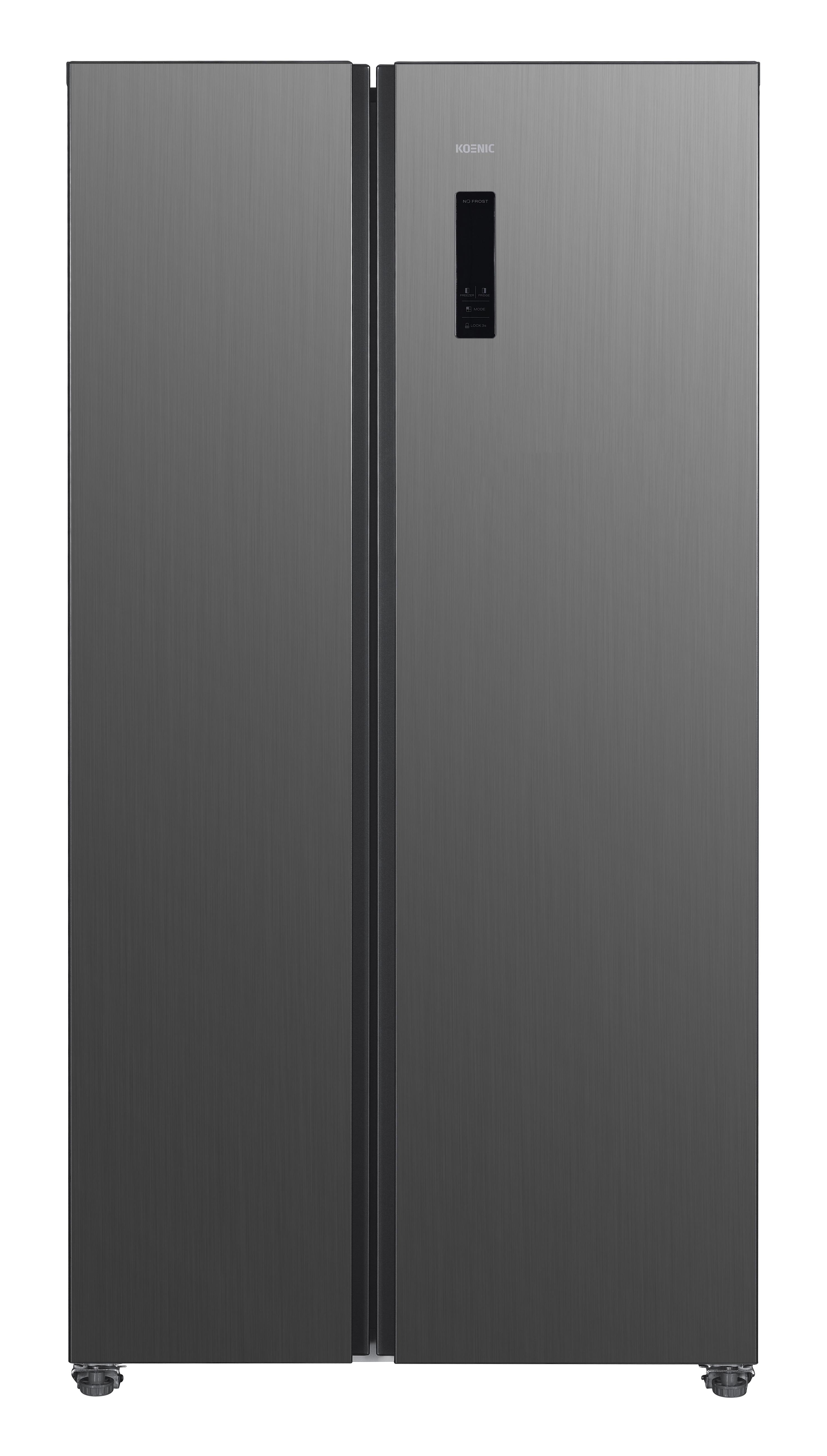 Ein grauer Koenic Side-by-Side-Kühlschrank. Er hat ein Bedienfeld, zwei Türen und ein gebürstetes Metallfinish.