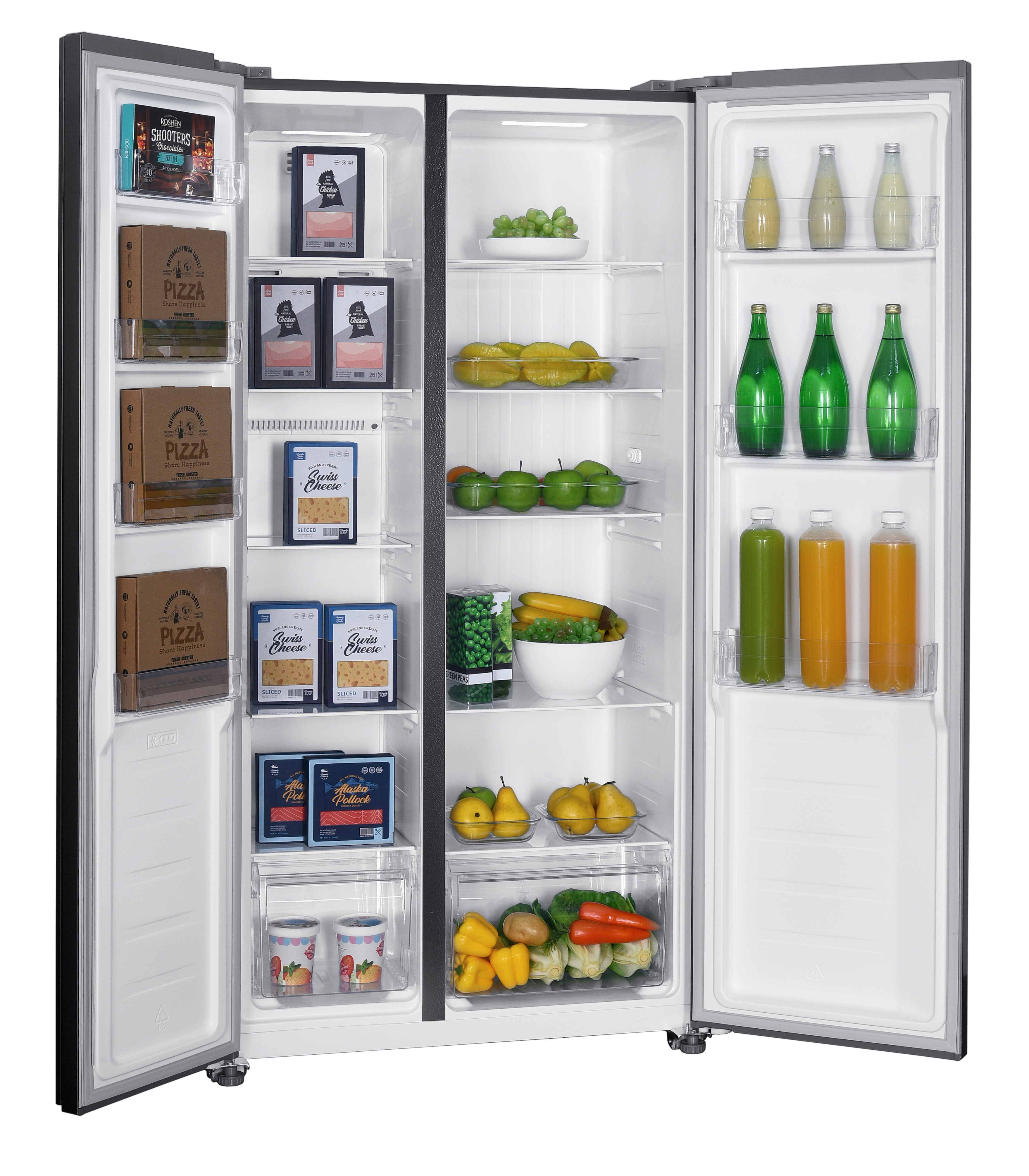 Offener Kühlschrank mit Lebensmitteln wie Obst, Gemüse, Getränken, Pizza und Käse. Es ist ein Doppeltür-Kühlschrank.