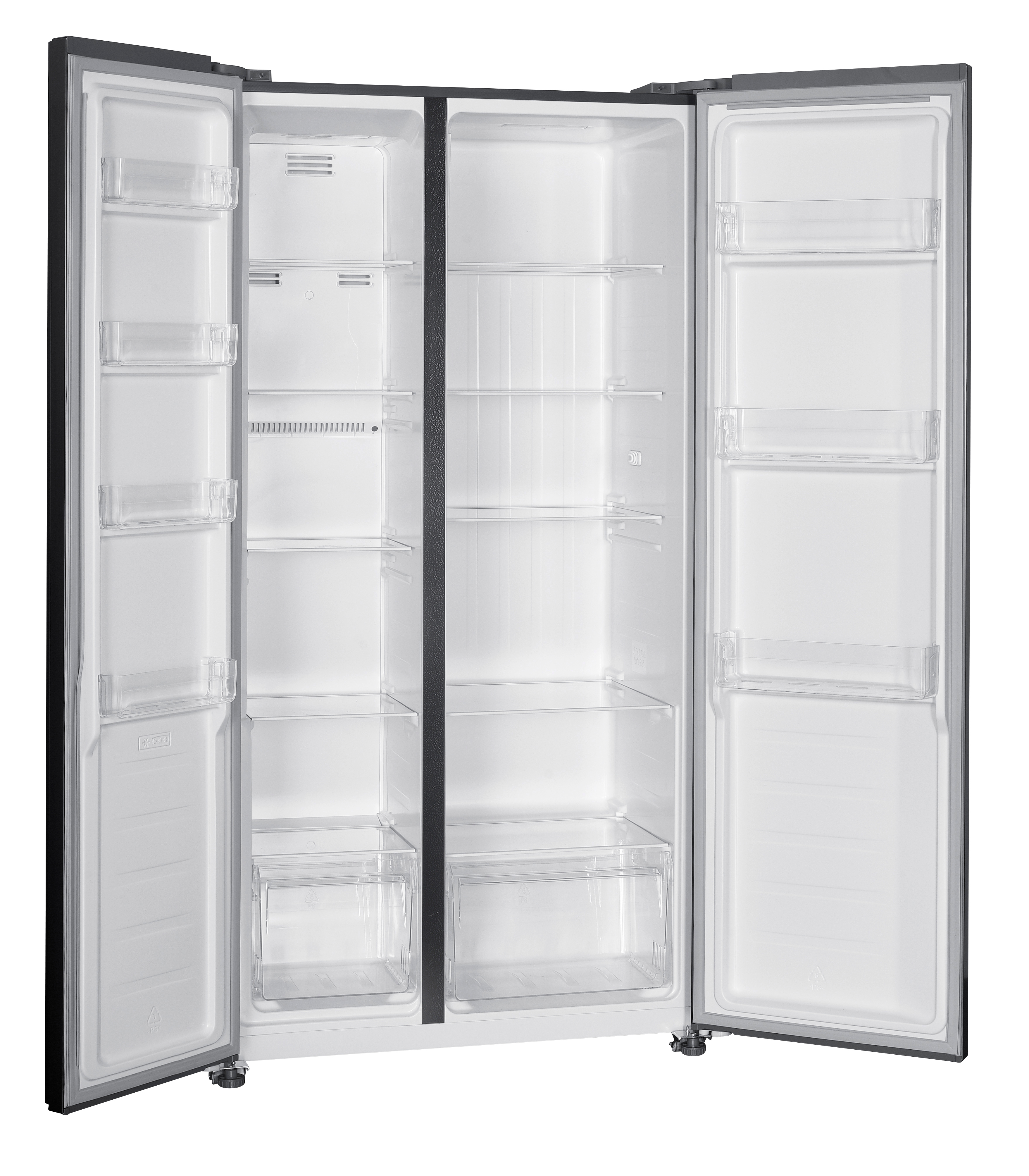 Offener schwarzer Kühlschrank mit weißem Innenraum. Regale und Behälter sind sichtbar. Türen sind offen.