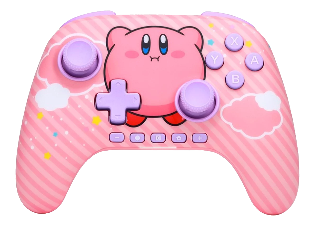 Rosa Kirby-Spielcontroller mit Kirby-Charakterdesign. Mit Knöpfen, Steuerknüppeln und einem kreuzförmigen Steuerkreuz.