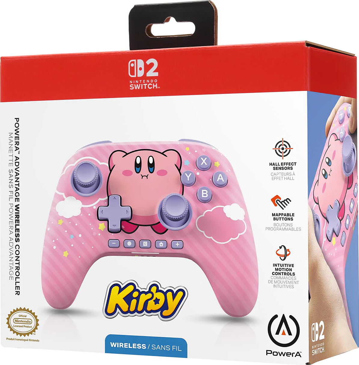 Rosa Kirby Nintendo Switch Controller in der Box. Mit Kirby-Design, Knöpfen und Logos.