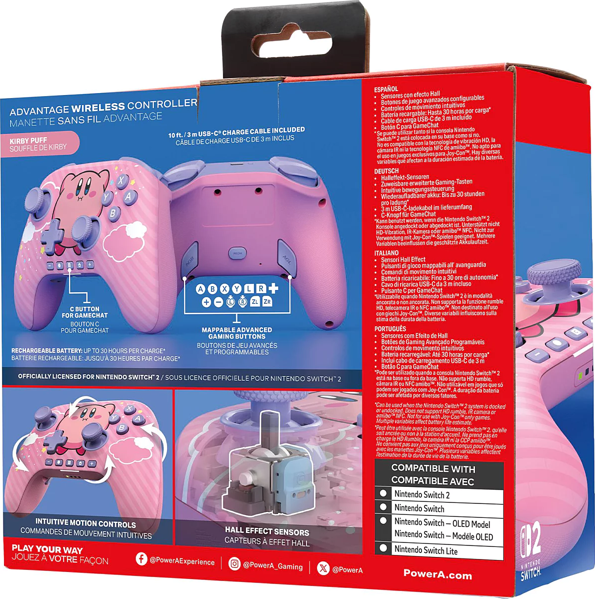 Rosa Kirby-Controller, Knöpfe und Text auf roter und weißer Nintendo Switch-Box.