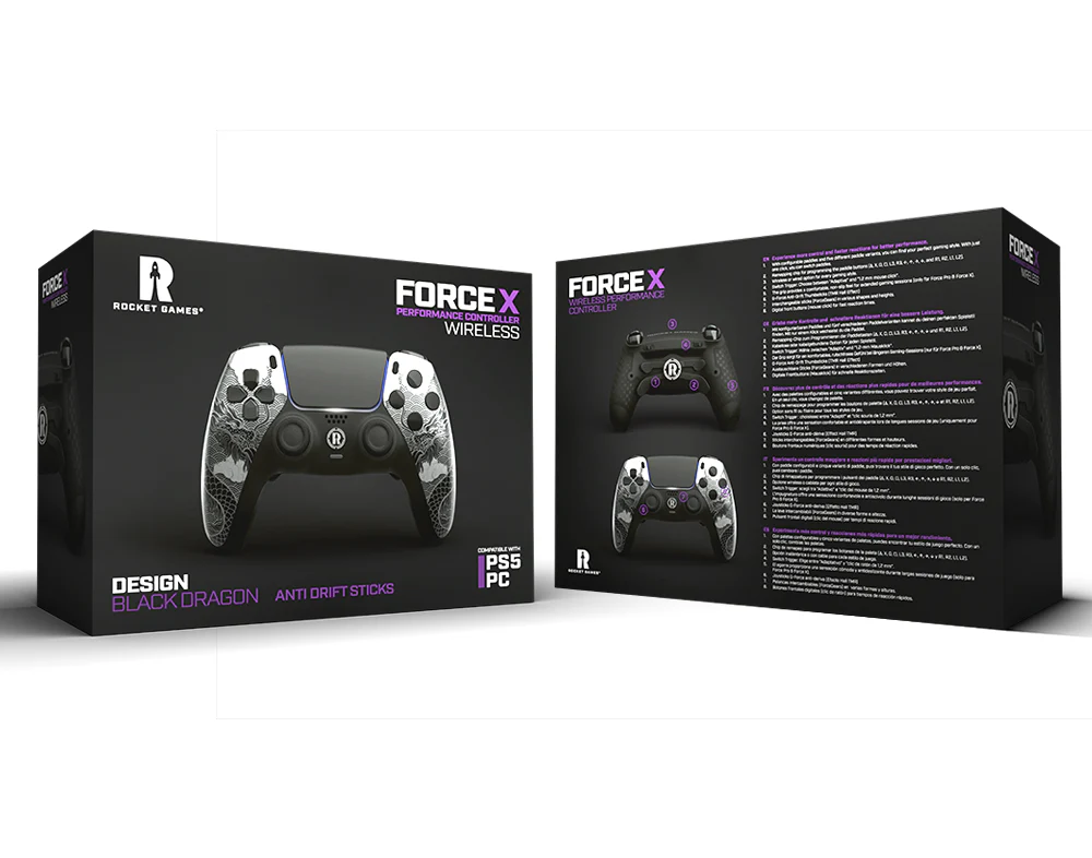 Due scatole nere con un design di controller di gioco. Una mostra il controller, l'altra ha dettagli e immagini.