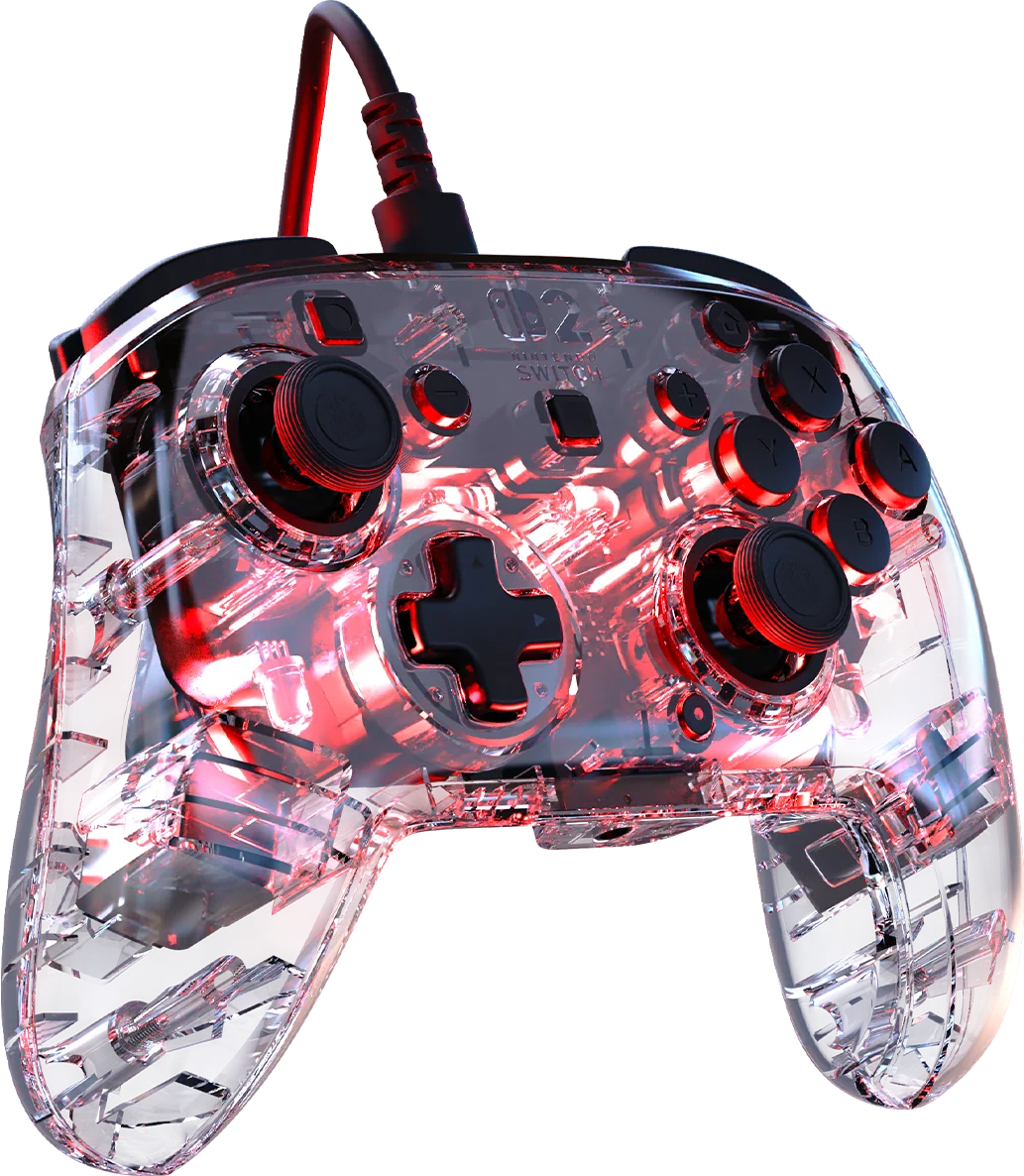 Ein durchsichtiger Gaming-Controller mit roten Innenlichtern. Er hat schwarze Knöpfe und Analogsticks. Der Hintergrund ist schwarz.