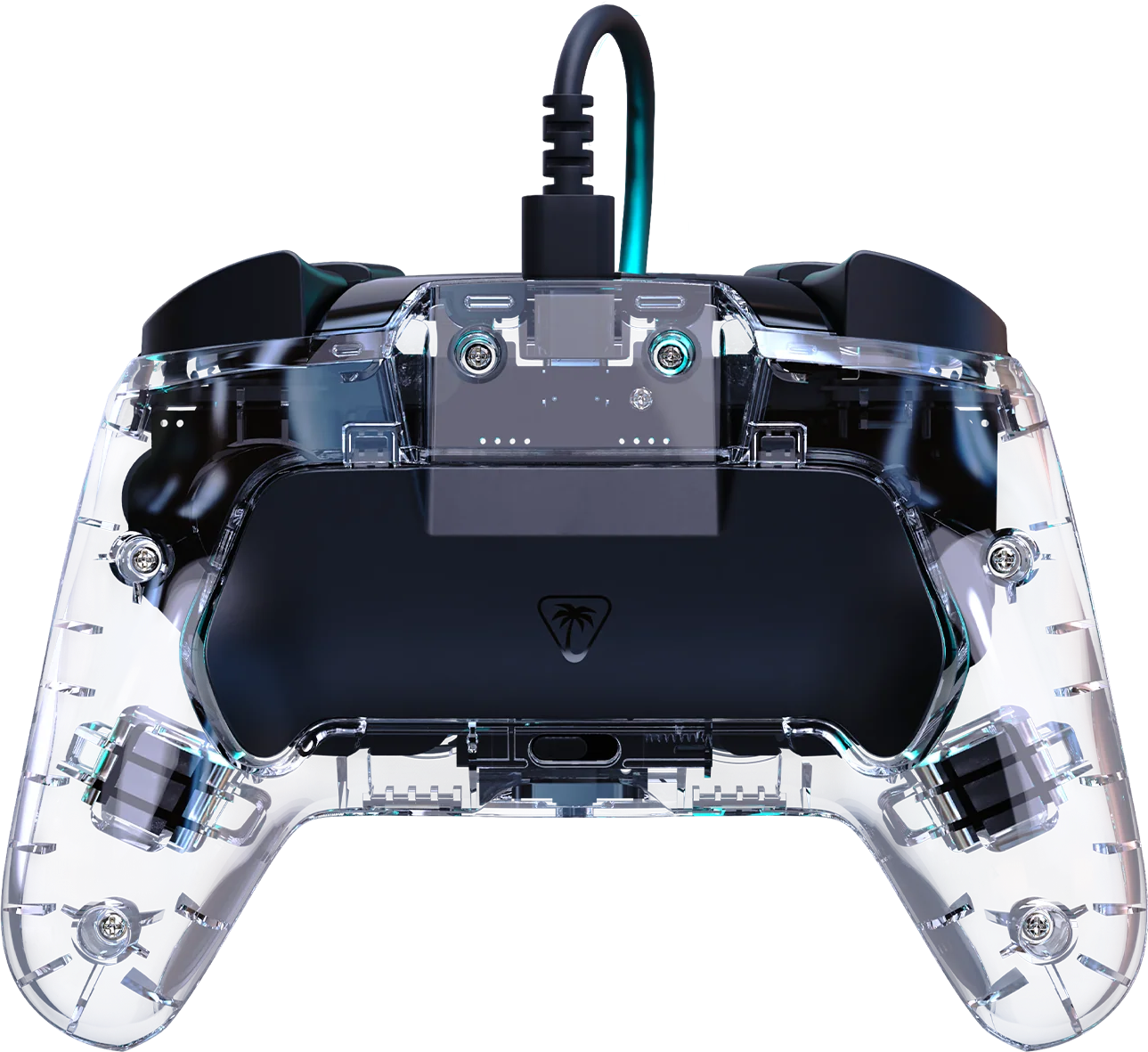 Ein durchsichtiger Gaming-Controller mit schwarzem Kabel. Der Controller hat eine schwarze Rückseite und ein Logo. Der Hintergrund ist schwarz.