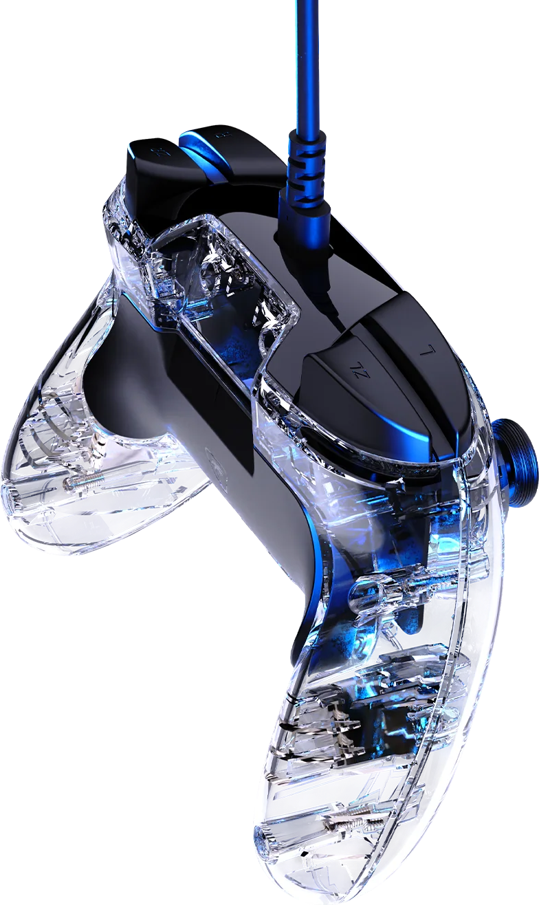 Ein transparenter Gaming-Controller mit blauen Akzenten und einem blauen Kabel vor schwarzem Hintergrund. Knöpfe mit der Aufschrift ZL und L sind sichtbar.
