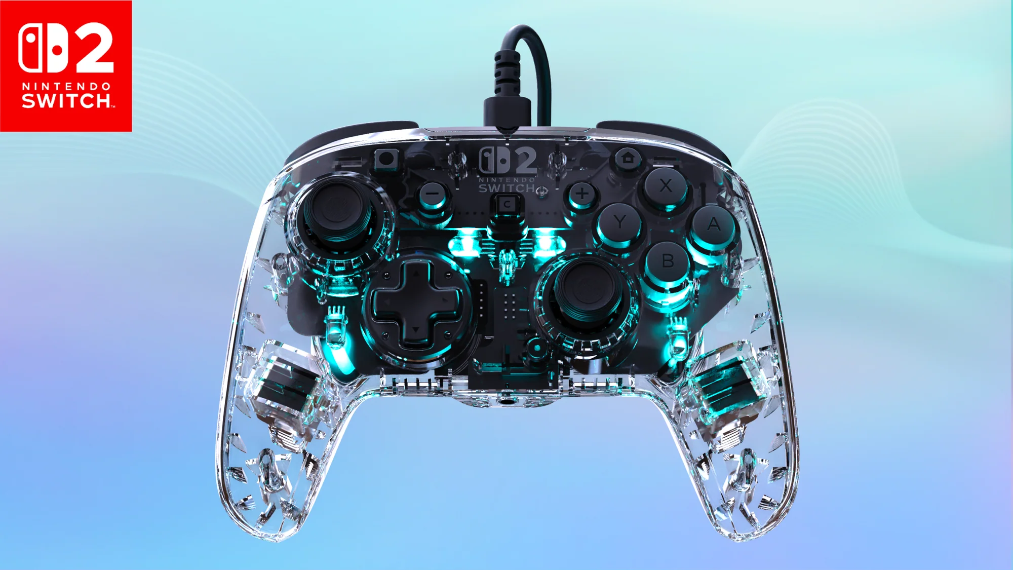 Transparenter Nintendo Switch-Controller mit leuchtend türkisfarbenen Akzenten, Knöpfen und sichtbarem Innenmechanismus. Nintendo Switch-Logo sichtbar.