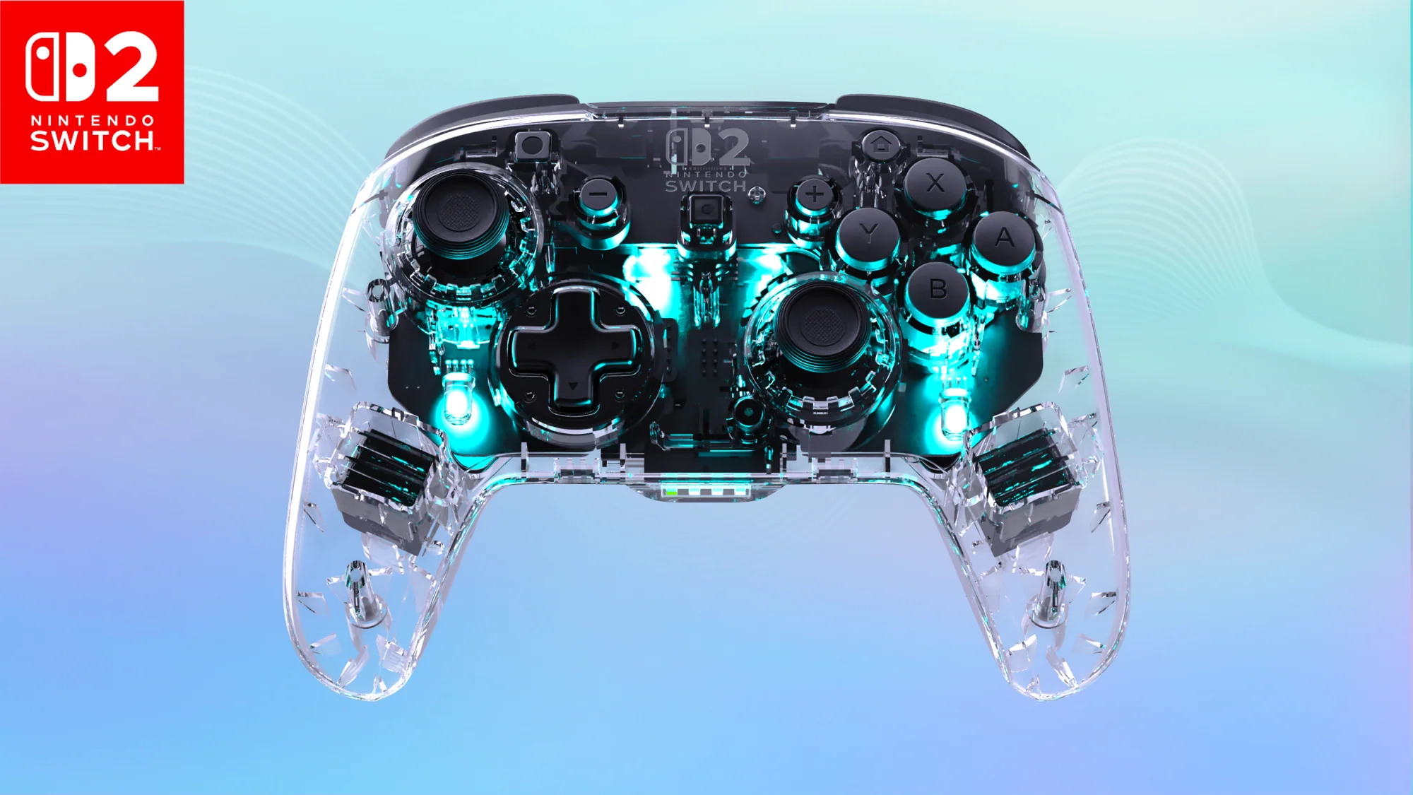 Ein durchsichtiger Nintendo Switch-Controller ist zentriert. Tasten und interne Komponenten sind sichtbar. Der Hintergrund ist ein Blau-Violett-Verlauf.