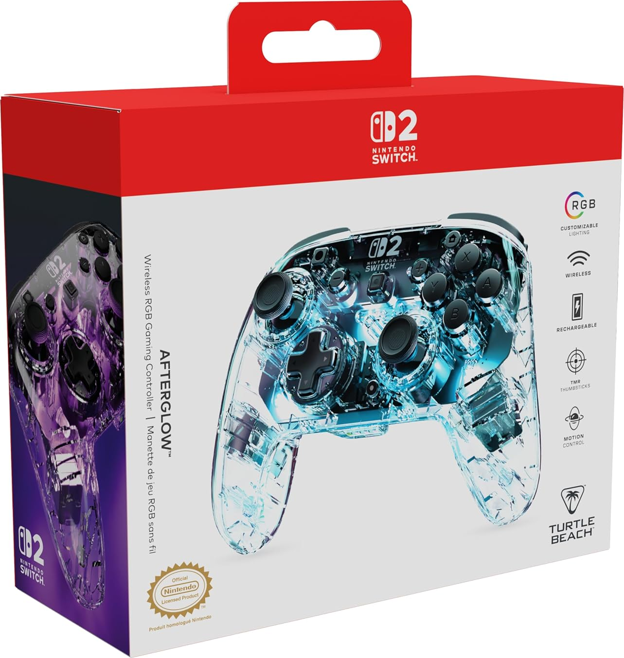 Box für Nintendo Switch Controller. Transparenter Controller mit blauen Lichtern. Rote Box mit Nintendo Switch Logo.