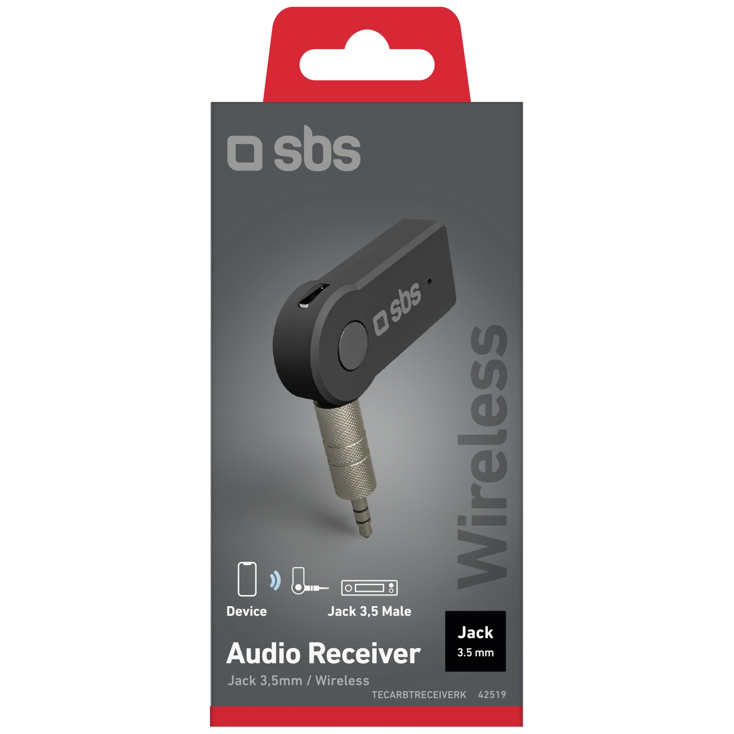 Black audio receiver with silver jack, in a box. Text: sbs, Wireless, Jack 3.5 mm, Audio Receiver. Red hanger at the top.